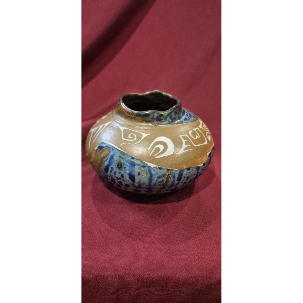 Handmade Studio Art Pottery Blue Drip Glaze Ruffle Edged Pot 3x5 Decor Signed